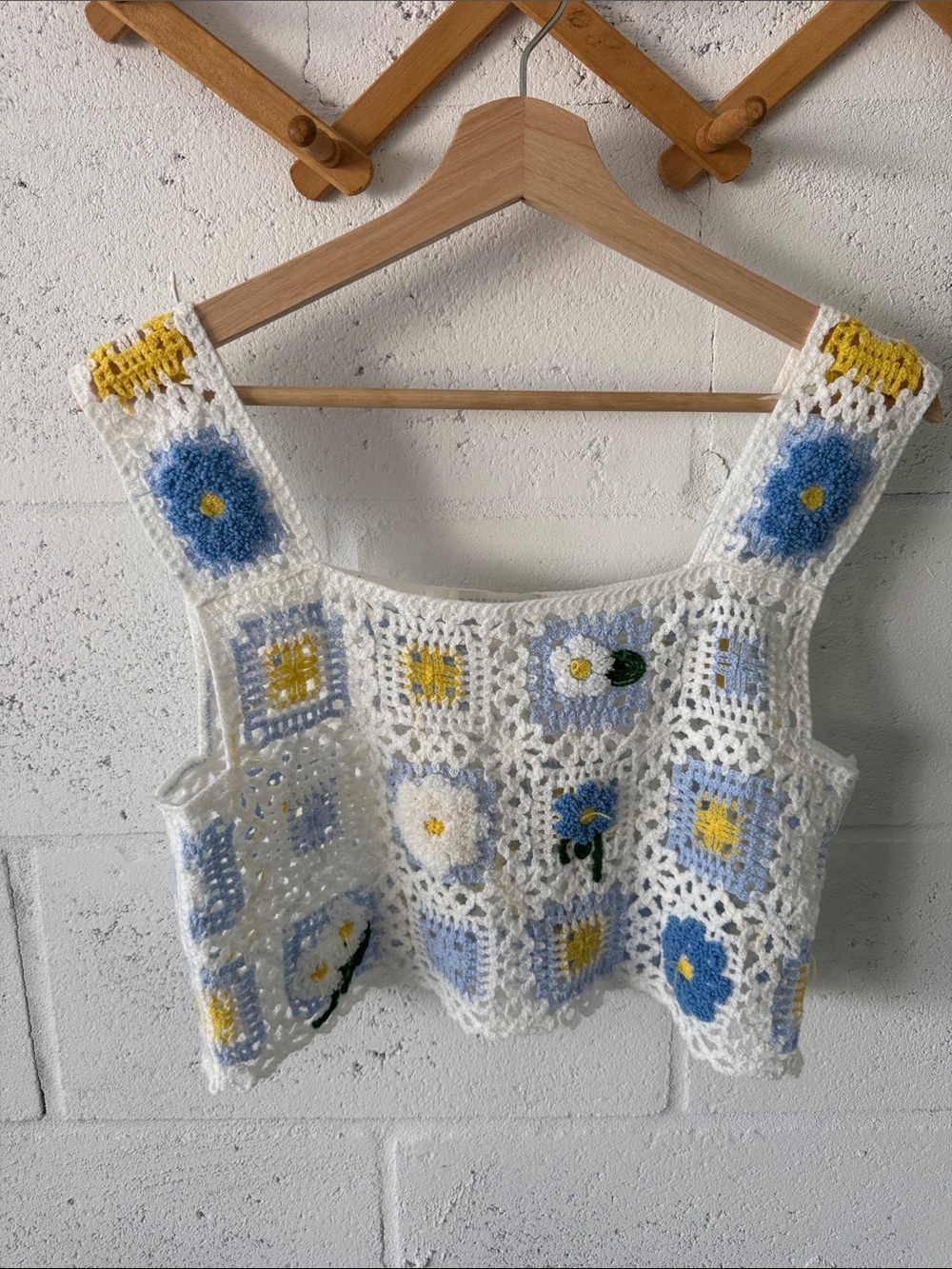 Crochet Flower Crop Top - White with Blue & Yellow Blooms